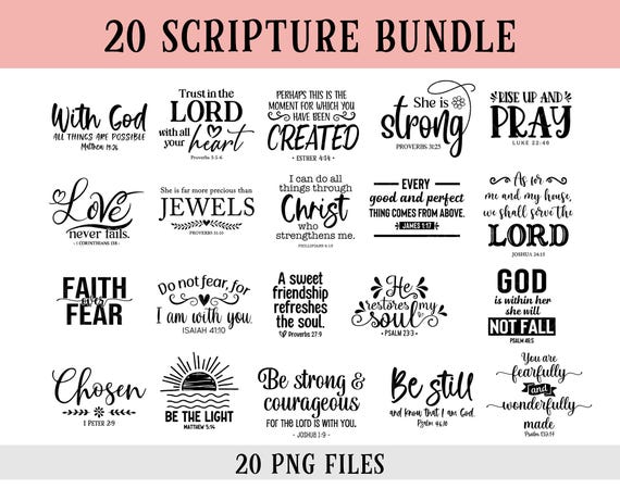 Bible Verse PNG Files: Scripture Bundle for Sublimation (20 Files)