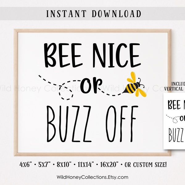 Bee Nice or Buzz Off, Printable Bee Decor, Tiered Tray, Bumblebee Wall Art, INSTANT DIGITAL DOWNLOAD
