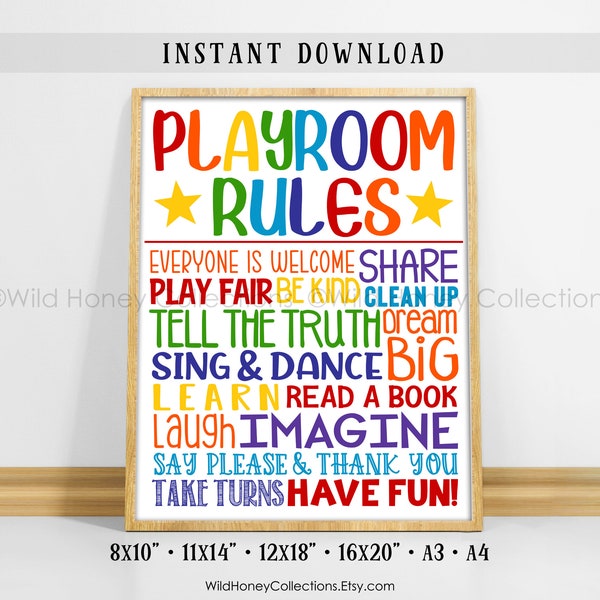 PlayRoom Rules, Printable Wall Decor, Kids Room Wall Art, Rainbow Colors, Colorful Play Room Decor, INSTANT DIGITAL DOWNLOAD