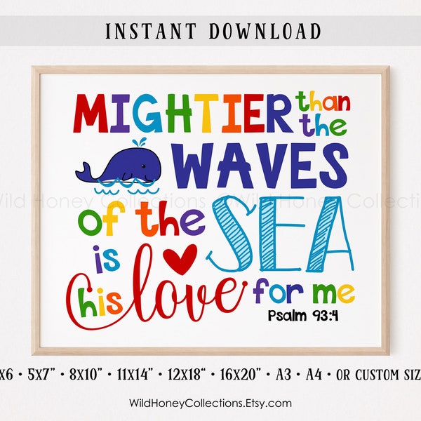 Mightier Than The Waves Of The Sea, Psalm 93:4, Kids Room Printable Wall Art, Rainbow Colors, Bright Colors, Play Room, INSTANT DOWNLOAD