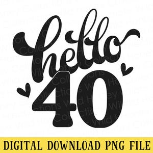 Puede incluir: Gráfico negro con las palabras "hello 40" en fuente cursiva, con dos pequeños corazones. El número 40 está en negrita. Debajo, el texto "DIGITAL DOWNLOAD PNG FILE" en blanco sobre fondo amarillo.