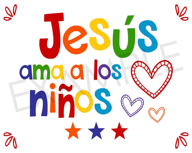 Puede incluir: Un dise&ntilde;o colorido con la frase "Jes&uacute;s ama a los ni&ntilde;os" en espa&ntilde;ol, en colores del arco&iacute;ris. El dise&ntilde;o incluye corazones y estrellas, sobre un fondo blanco, con elementos florales decorativos.