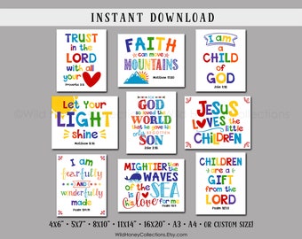 Christian Kids Room, Inspirational Printable Wall Art, Kids Room, Playroom, Play Room, Set of 9, INSTANT DOWNLOAD