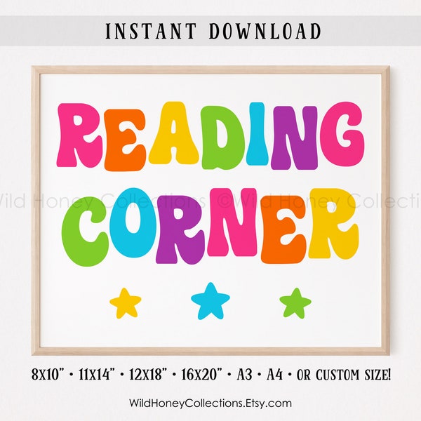 Reading Corner, Colorful Kids Room Decor, Printable Playroom Wall Art, Retro, Bright Colors, INSTANT DIGITAL DOWNLOAD