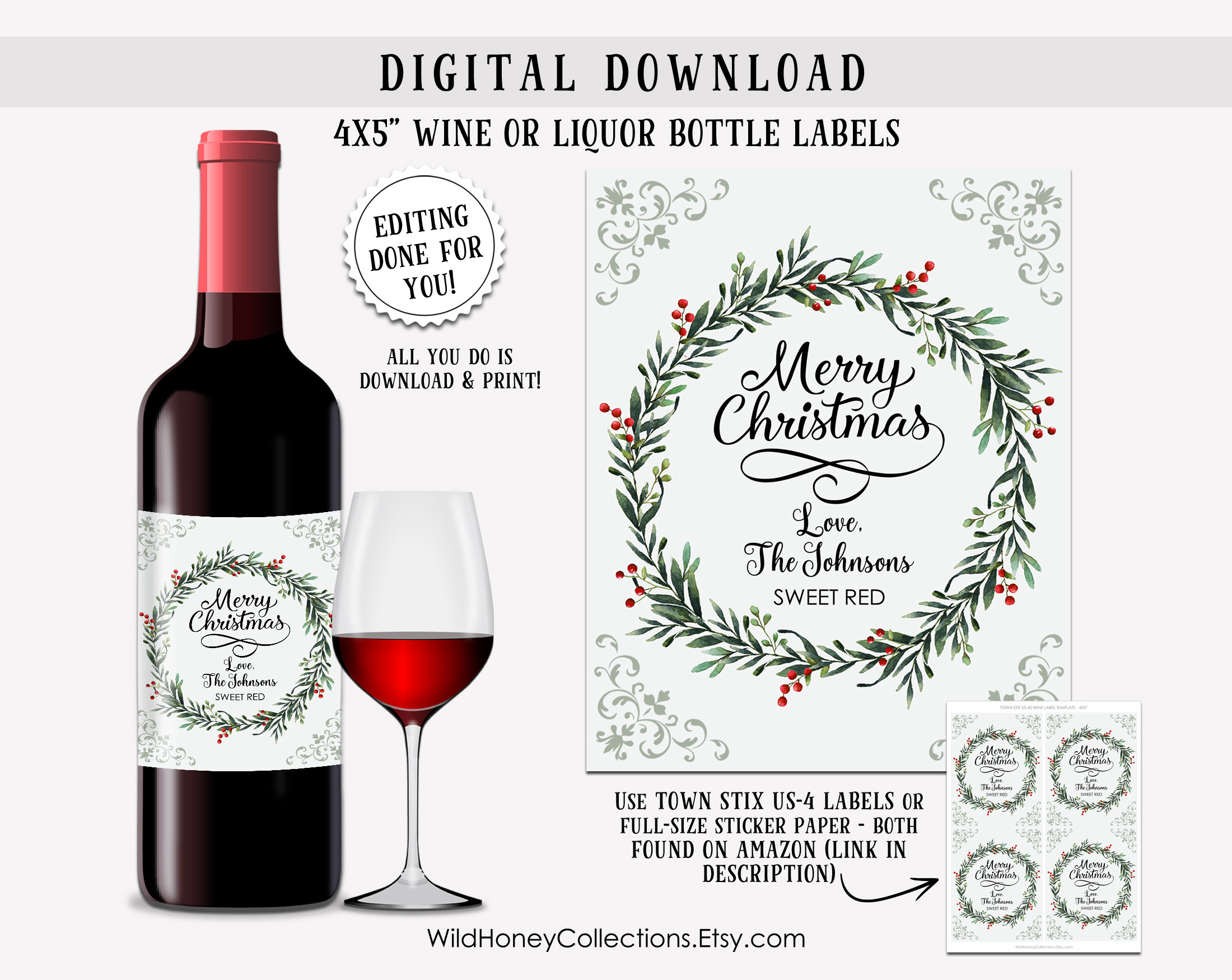 christmas wine bottle labels, printable labels, personalized for