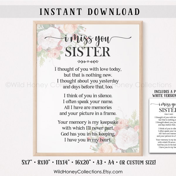 I Miss You Sister, Memorial Poem, Lost Loved One, In Memory Of, Grief, Mourning, INSTANT DIGITAL DOWNLOAD