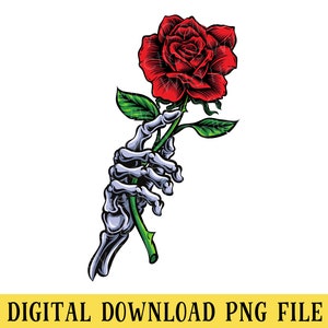 May include: A skeletal hand holding a single red rose with green leaves and a stem.