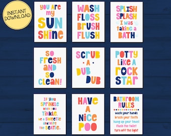 Colorful Kids Bathroom Printable Signs, Set of 9, Rainbow Colors, INSTANT DOWNLOAD