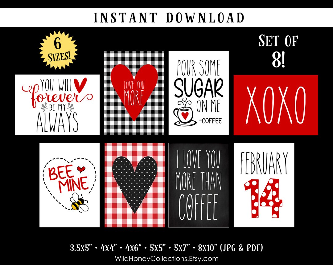 Printable Valentine Decor, Set of 8, Farmhouse Valentine, Gingham ...