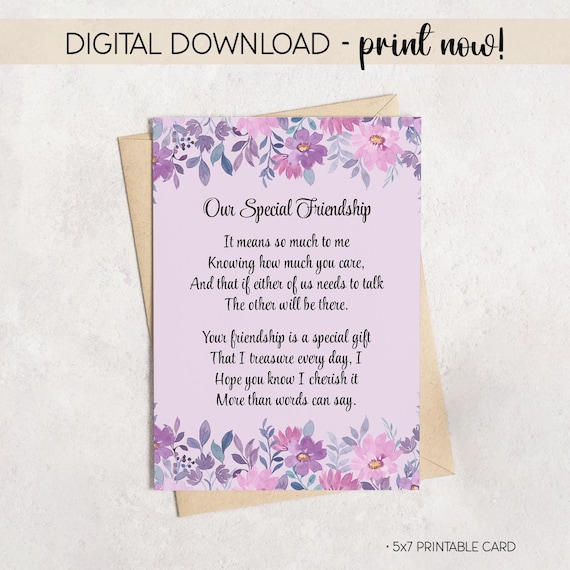 Printable 5x7 Friendship Card | Our Special Friendship Poem | Purple Floral | DIGITAL DOWNLOAD