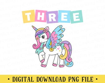 Unicorn, Three Years Old, PNG File, 3rd Birthday, Pastel Colors, Crafting, Sublimation, INSTANT DOWNLOAD