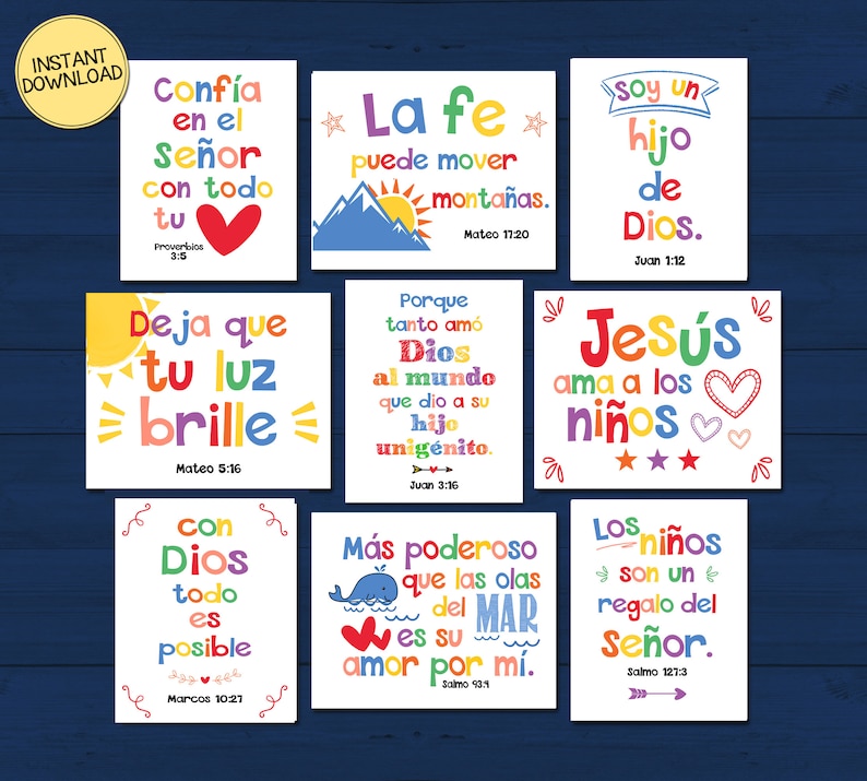 May include: Nine colorful printable cards with inspirational quotes in Spanish. Each card features a different color scheme and includes a Bible verse reference.