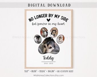 May include: A printable digital download of a paw print memorial with a black and white photo collage of a dog. The text reads "No longer by my side but forever in my heart." The dog's name is Teddy and the dates are 2010-2019. The print is available in 5x7, 8x10, 11x14, 16x20 inches or a custom size.