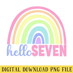 May include: A rainbow graphic with the text "hello seven" in pink, blue, and purple. This design is perfect for a 7th birthday party.