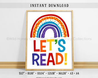 Let's Read, Colorful Kids Printable Wall Art, Play Room Decor, Rainbow Colors, Reading Nook, Reading Corner, INSTANT DIGITAL DOWNLOAD