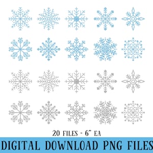 Glitter Snowflakes, Blue, Silver, PNG Files, 20 files, 6" each, Winter, DIGITAL DOWNLOAD