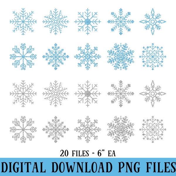 Glitter Snowflakes, Blue, Silver, PNG Files, 20 files, 6" each, Winter, DIGITAL DOWNLOAD