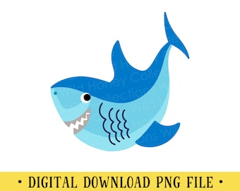 Shark PNG File, Cute Blue Shark, Cartoon Shark, Shark Clipart, Crafting, Sublimation, INSTANT DOWNLOAD