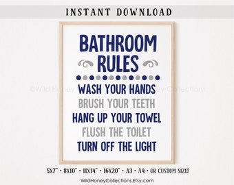 Pode incluir: Uma impressão emoldurada com as palavras "BATHROOM RULES" em azul marinho, seguida por uma lista de etiqueta de casa de banho. A impressão inclui o texto "WASH YOUR HANDS", "BRUSH YOUR TEETH", "HANG UP YOUR TOWEL", "FLUSH THE TOILET" e "TURN OFF THE LIGHT".