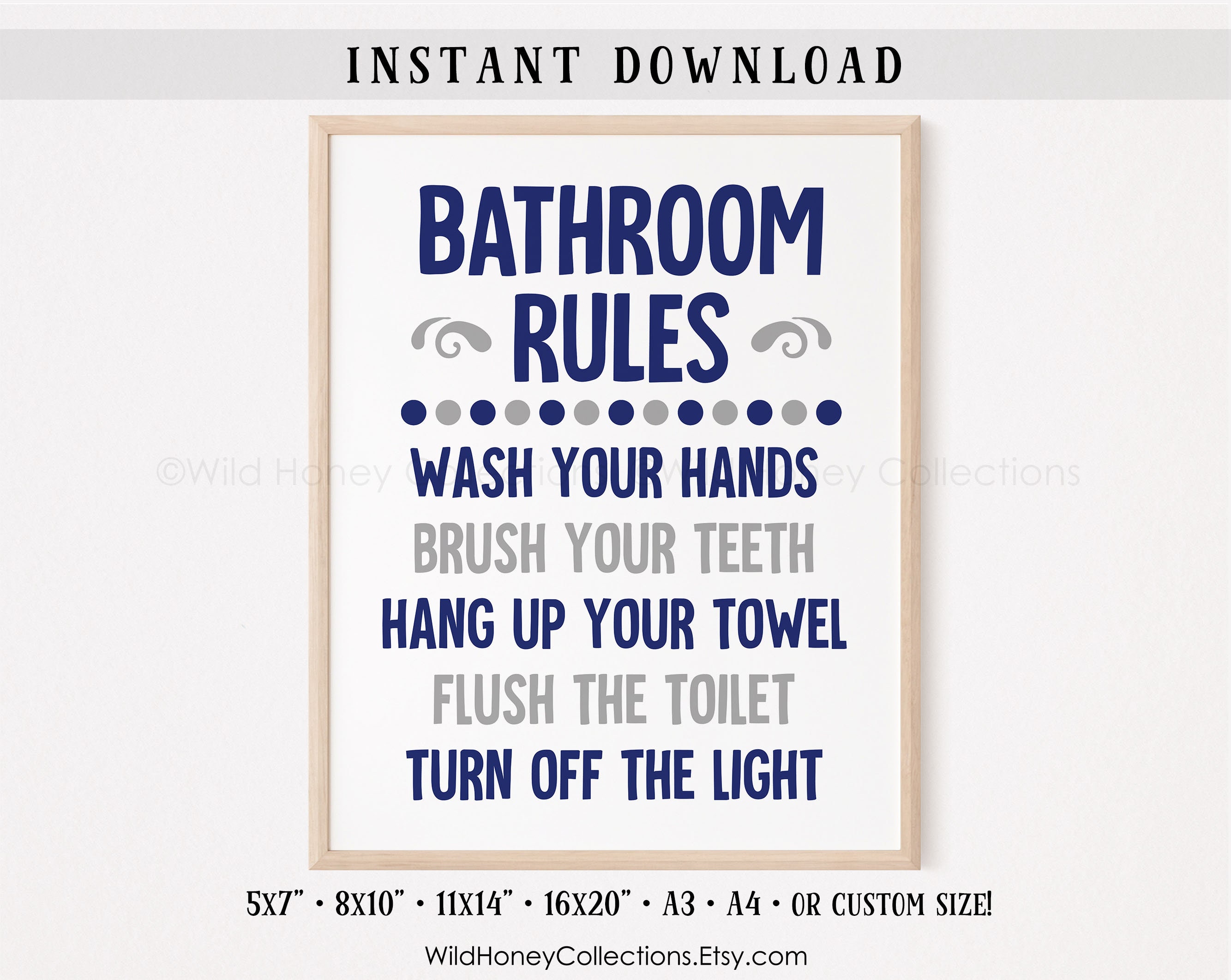 Bathroom Rules, Navy & Gray, Printable Bathroom Sign, INSTANT