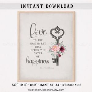 Liefde is de hoofdsleutel die de poorten naar geluk opent, Oliver Wendel Holmes, afdrukbaar decor, inspirerend, INSTANT DIGITALE DOWNLOAD