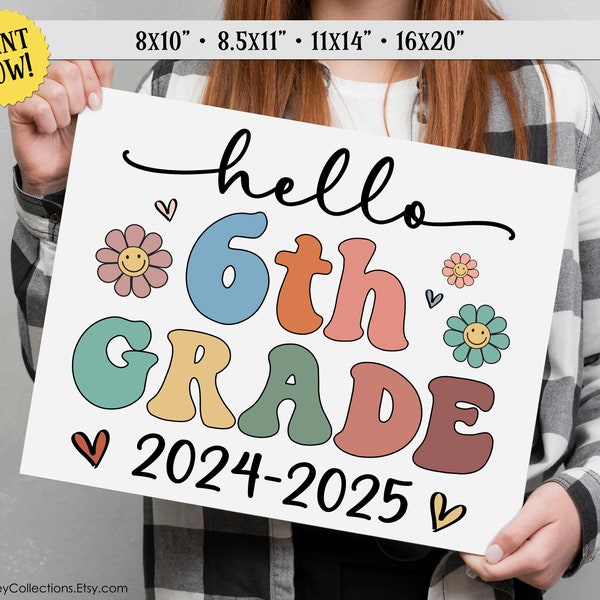 First Day of 6th Grade, Hello 6th Grade, Printable School Sign, Retro, Photo Prop, Girl, INSTANT DIGITAL DOWNLOAD