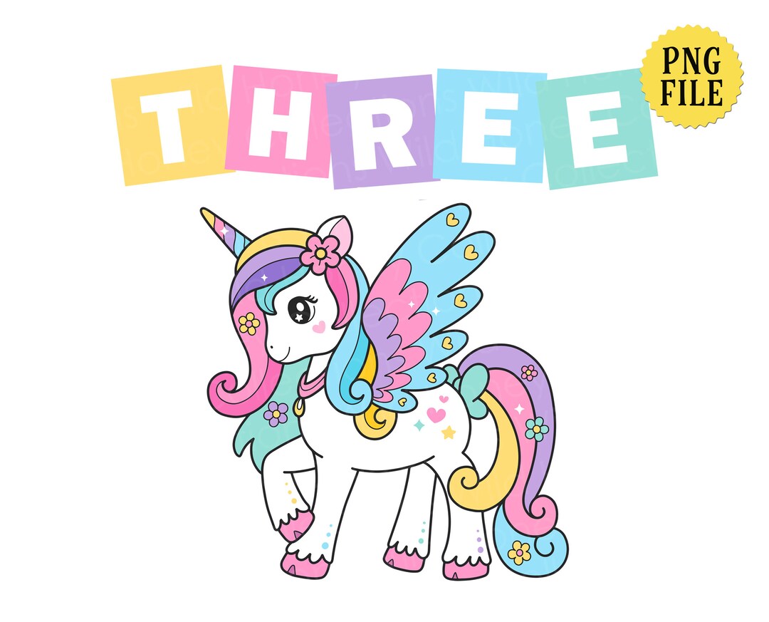 Unicorn, Three Years Old, PNG File, 3rd Birthday, Pastel Colors, Crafting, Sublimation, INSTANT