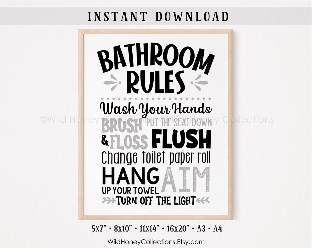 Bathroom Rules Sign, Printable Wall Art, Kids Bathroom Decor, Black and ...