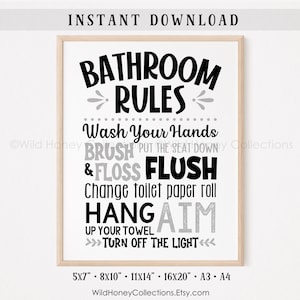 Bathroom Rules Sign, Printable Wall Art, Kids Bathroom Decor, Black and White Sign, INSTANT DIGITAL DOWNLOAD