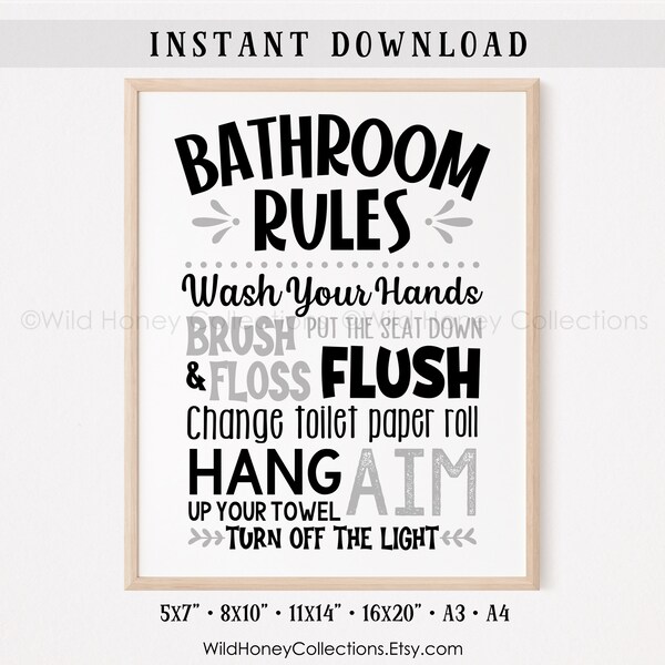 Bathroom Rules Sign, Printable Wall Art, Kids Bathroom Decor, Black and White Sign, INSTANT DIGITAL DOWNLOAD