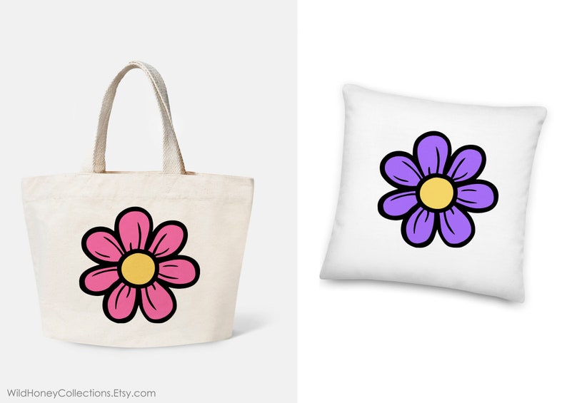May include: A tote bag and a cushion featuring a simple cartoon flower design. The flower is pink with a yellow centre on the tote bag and purple with a yellow centre on the cushion.