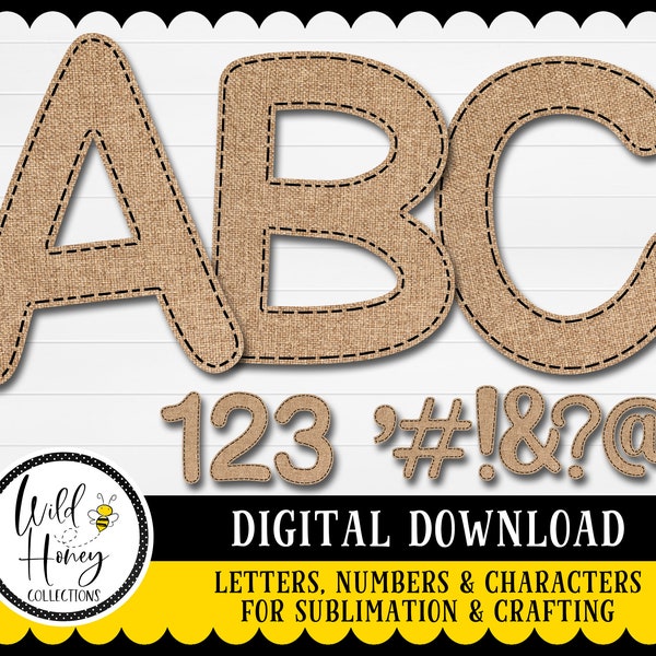 Stitched Burlap Alphabet, Letters, Characters, PNG Files, Sublimation, Crafting, Instant DIGITAL DOWNLOAD