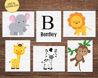 Personalized Safari Animals, Jungle Theme, Set of 6, Printable Wall Decor, Kids Room, Nursery, DIGITAL DOWNLOAD