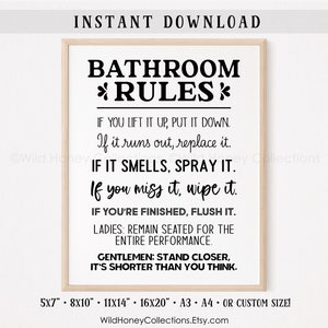 Bathroom Rules, Printable Bathroom Decor, Funny Bathroom Sign, INSTANT DIGITAL DOWNLOAD