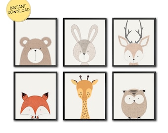 Woodland Animals, Printable Nursery Decor, Set of 6, Baby Boy, INSTANT DIGITAL DOWNLOAD