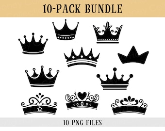 Könnte beinhalten: Eine Sammlung von zehn schwarzen Kronen-Designs in verschiedenen Stilen. Die Kronen weisen unterschiedliche Formen auf, von einfach bis aufwendig, mit Details wie Punkten, Kurven und einem Herz. Der Text "10-PACK BUNDLE" und "10 PNG FILES" ist ebenfalls vorhanden.