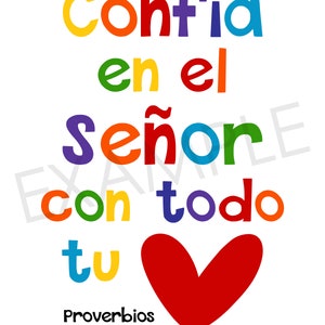 Puede incluir: Fondo blanco con texto colorido: "Conf&iacute;a en el Se&ntilde;or con todo tu" y un coraz&oacute;n rojo. El texto "Proverbios 3:5" est&aacute; en la parte inferior. El texto es de varios colores.