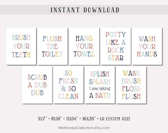 Colorful Kids Bathroom Printable Signs, Set of 9, Soft Muted Colors, INSTANT DIGITAL DOWNLOAD