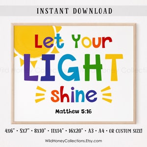 Deja que tu luz brille, Mateo 5:16, arte de pared imprimible para habitación de niños, colores del arcoíris, colores brillantes, sala de juegos, DESCARGA INSTANTÁNEA