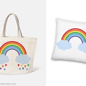 May include: A white canvas tote bag with a rainbow and clouds design.  The rainbow has red, orange, yellow, green, blue, indigo, and violet stripes.  The clouds are light blue.  There are small, colorful hearts falling from the clouds.
