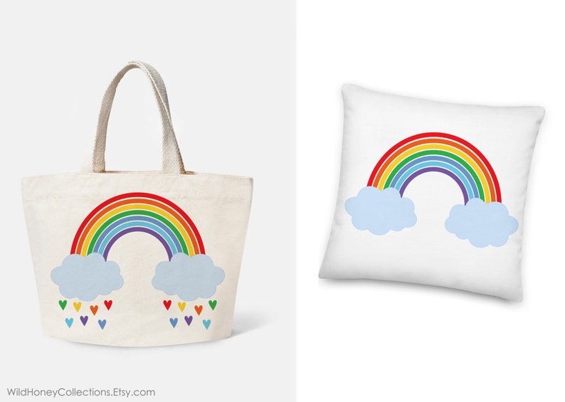 May include: A white canvas tote bag with a rainbow and clouds design.  The rainbow has red, orange, yellow, green, blue, indigo, and violet stripes.  The clouds are light blue.  There are small, colorful hearts falling from the clouds.