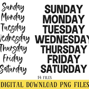 Giorni della settimana, file PNG, lunedì PNG, martedì PNG, mercoledì PNG, giovedì PNG, venerdì PNG, sabato PNG, domenica PNG, DOWNLOAD DIGITALE