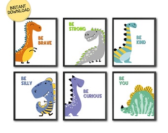 Cute Dinosaurs, Printable Kids Room Wall Art, Be Brave, Be Kind, INSTANT DIGITAL DOWNLOAD
