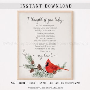 I Thought of You Today, Cardinal, Printable Funeral Poem, In Loving Memory, Grief, INSTANT DIGITAL DOWNLOAD
