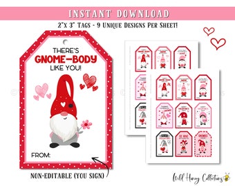 Valentine Gnome Gift Tags: Kids Printable Cards (Digital Download)