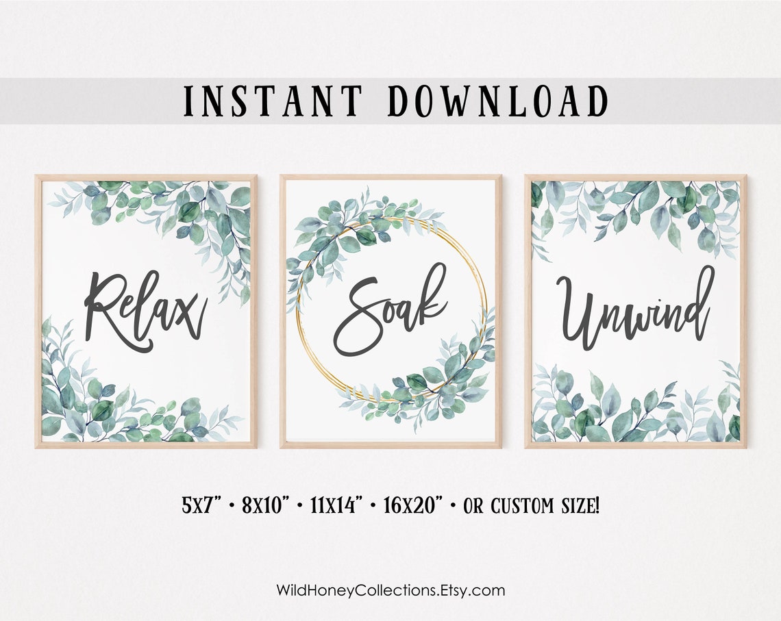 Relax Soak Unwind Printable Bathroom Wall Art Greenery - Etsy