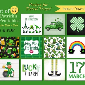 May include: A collection of 11 St. Patrick's Day printables in various sizes, including 4x4, 5x5, 6x6, and 8x8 inches. The designs feature shamrocks, leprechauns, and the text "Kiss Me I'm Irish!" and "Lucky Charm".