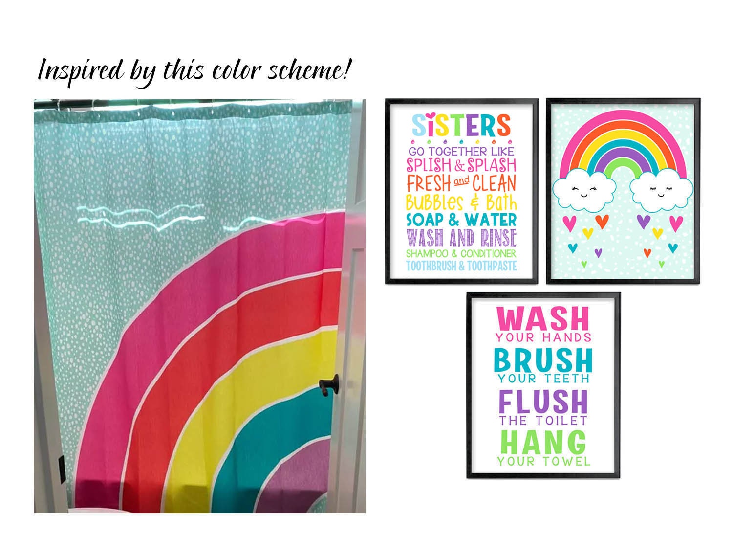 Sisters Rainbow Bathroom Printable Wall Art Wash Brush Flush Etsy
