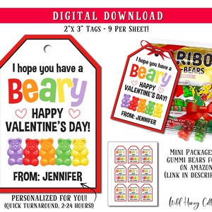 Personalized Valentine&#39;s Gummi Bear Tags, Kids Valentine&#39;s Day Printable Tags, Personalized For You! DIGITAL DOWNLOAD