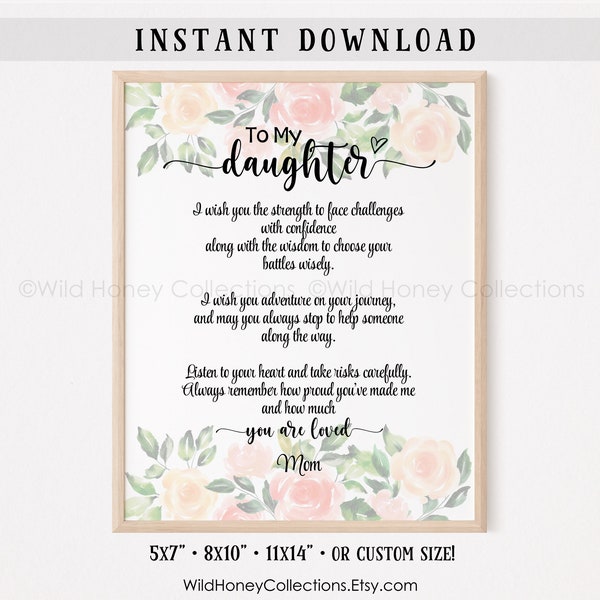 To My Daughter, Printable Poem, From Parents, From Mom, From Dad, Card, Wall Decor, Peach Watercolor Flowers, Floral, INSTANT DOWNLOAD